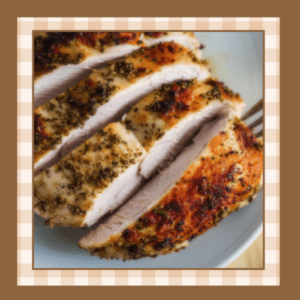Closeup of sliced roasted chicken breasts on a white plate