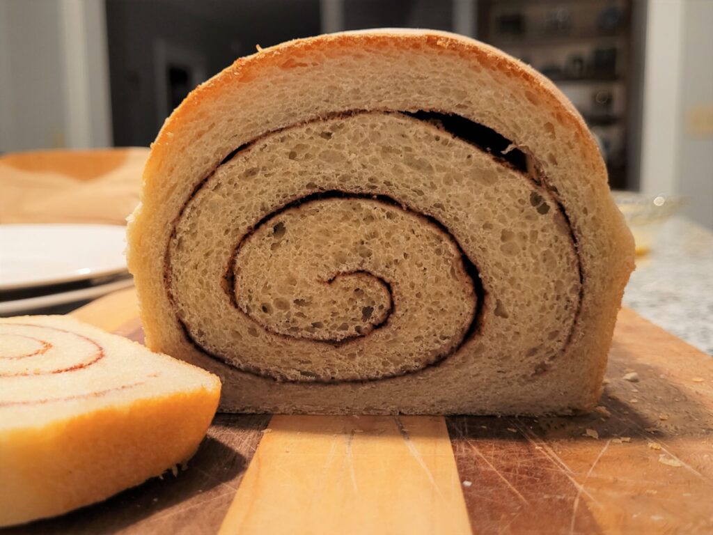 Sliced loaf of cinnamon bread