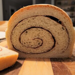 Sliced loaf of cinnamon bread