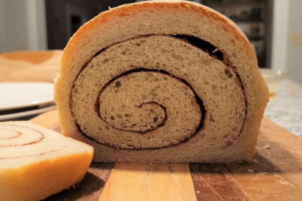 Sliced loaf of cinnamon bread