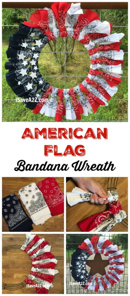 A red, white, and blue wreath made from bandanas and hung on a wire fence