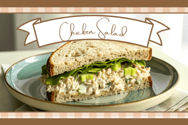 Half of a chicken salad sandwich on a light blue plate