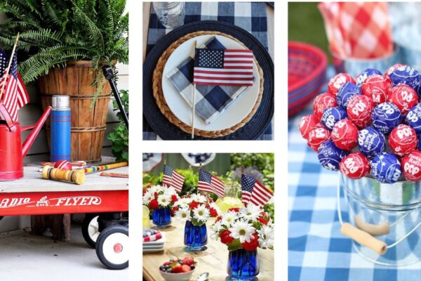 Banner image showing four Memorial Day decorating ideas: a red wagon with watering can and flags, a place setting, floral centerpiece, and red and blue Tootsie Pops in a metal pail.