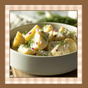Potato salad in a bowl garnished with fresh dill