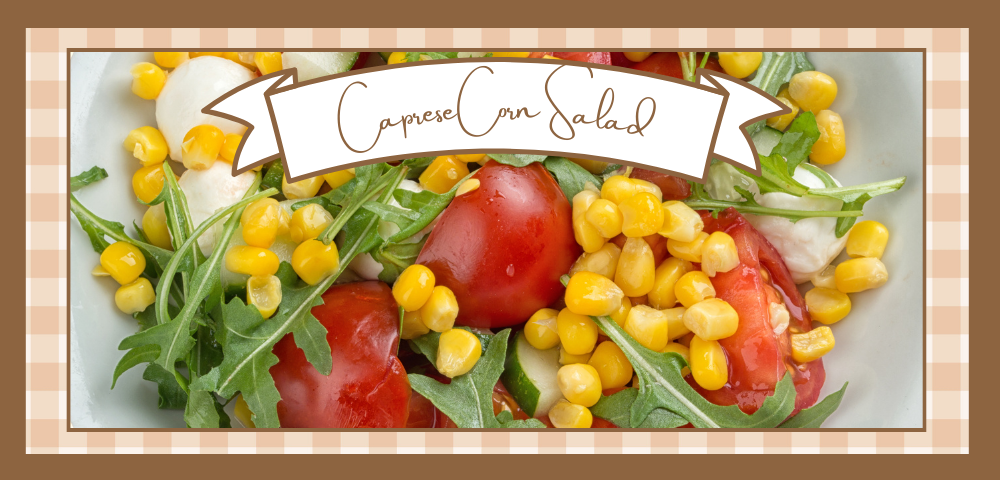 Caprese corn salad with arugula in a white bowl
