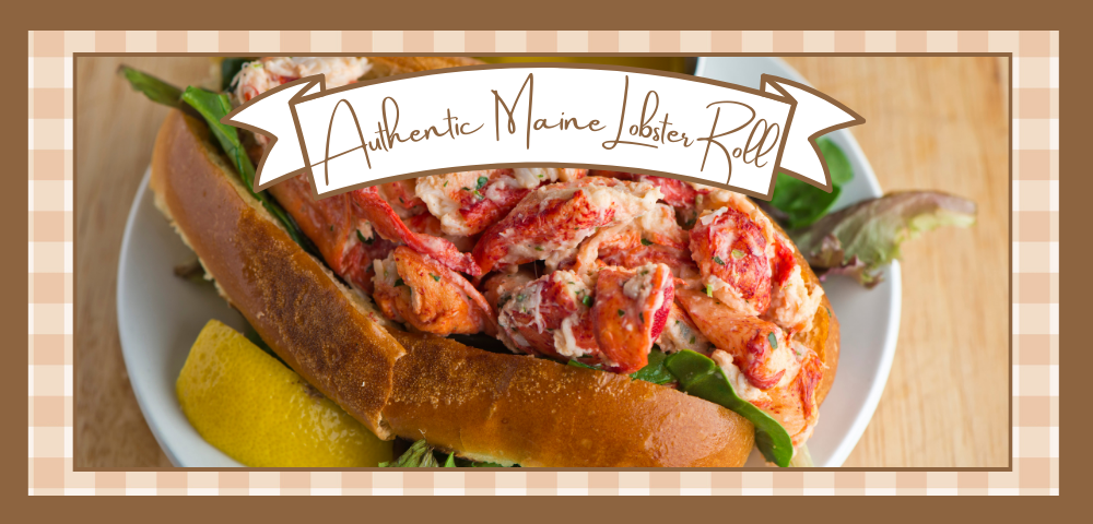 Lobster roll on a white plate with a side of melted butter and a lemon wedge