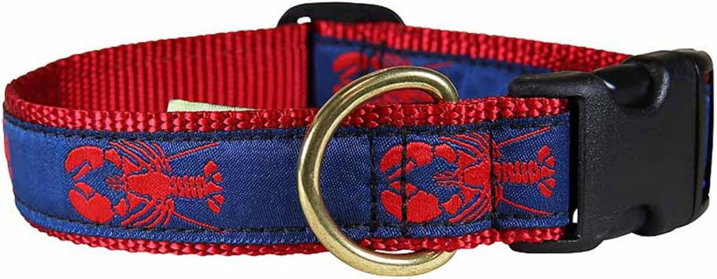 Blue dog collar with red lobster print red edges brass d ring and black plastic buckle