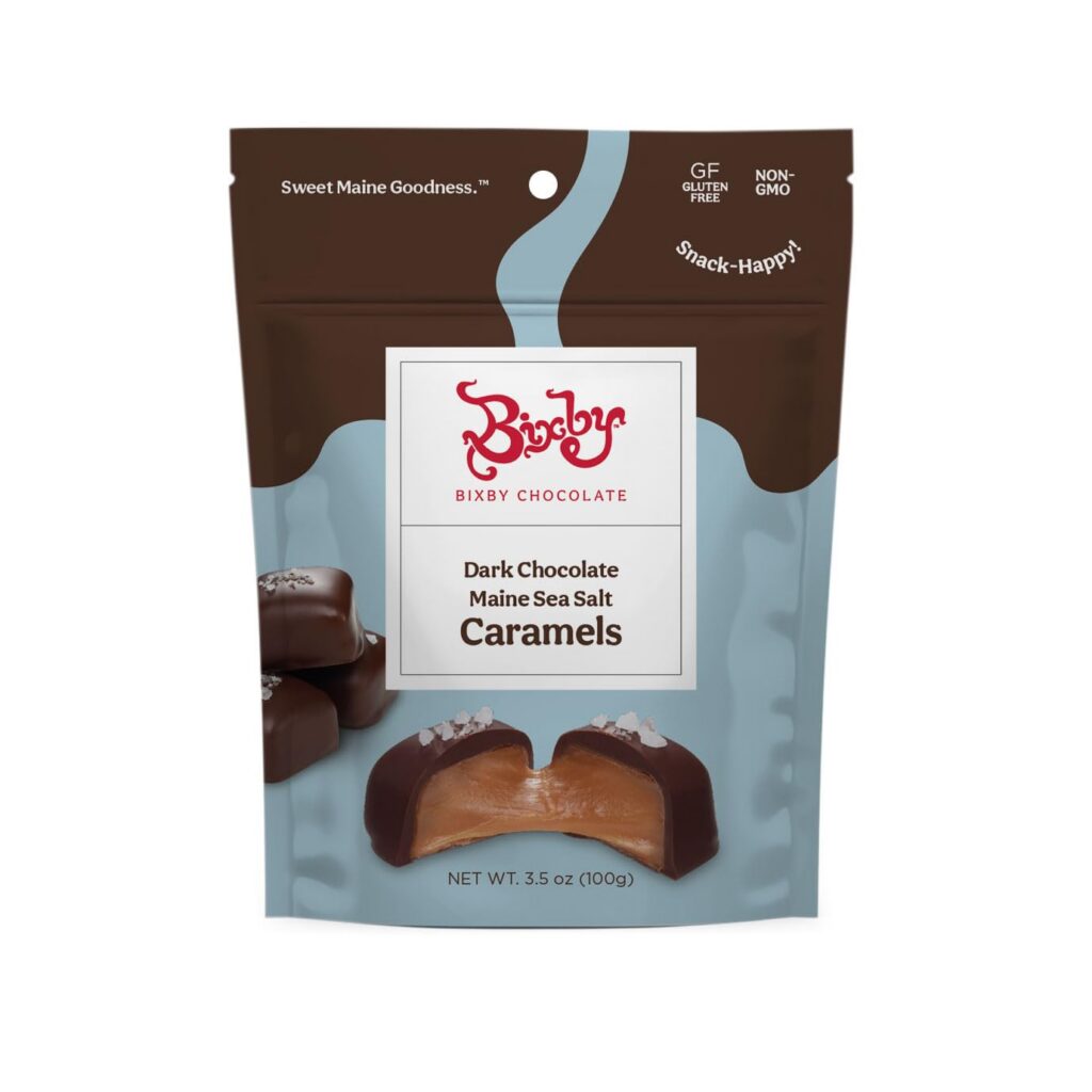 Bag of bixby chocolate dark chocolate maine sea salt caramels 3 5 oz 100 g packaging
