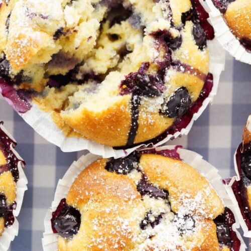 Blueberry muffins on a blue checked tablecloth