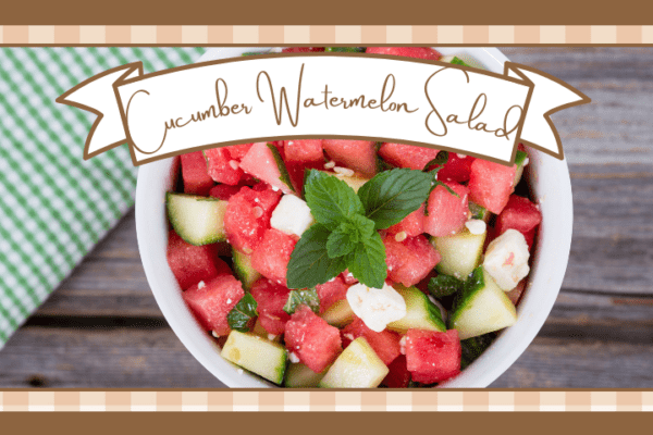 Cucumber watermelon salad garnished with mint leaves and topped with feta cheese cubes in a white bowl