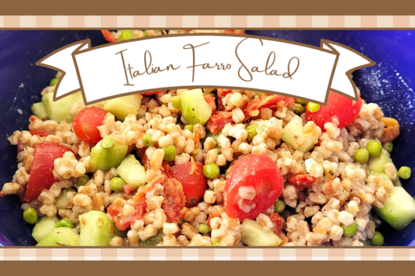 Closeup of a bowl of italian farro salad
