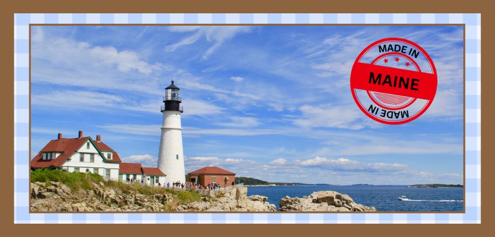 A lighthouse on the maine coast with a made in maine badge to the right of the image