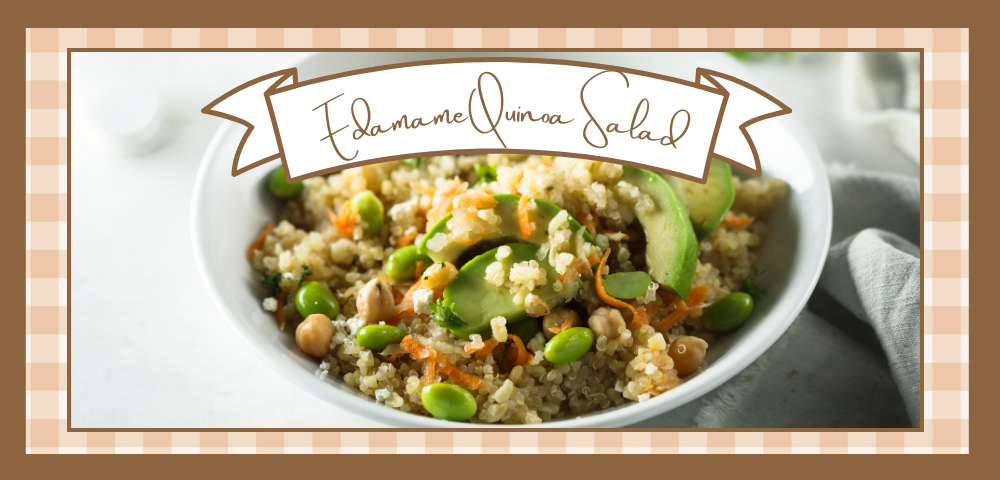 White bowl with edamame quinoa salad including chickpeas and avocado