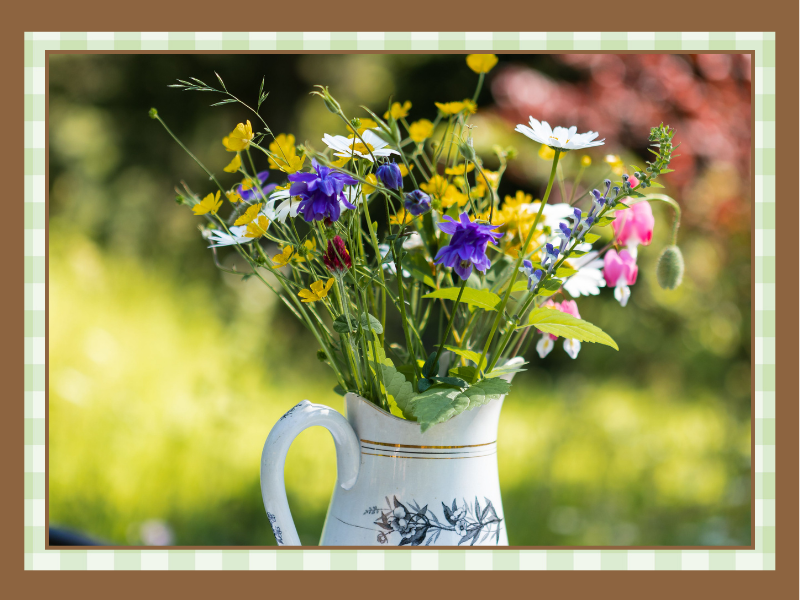 Flowers in Pitcher | The Granite Acorn Vibrant wildflower bouquet in a white ceramic pitcher with blue floral design on a sunny garden table