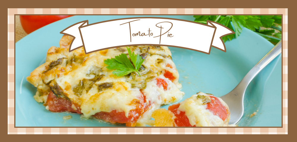 Slice of tomato pie on a light blue plate
