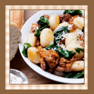 Bowl of gnocchi, chard and Italian sausage