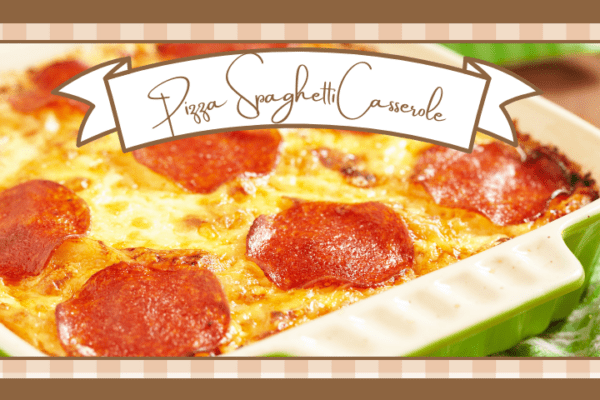 Baking dish filled with pizza spaghetti casserole and pepperoni on top
