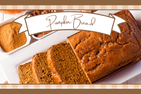 Loaf of pumpkin bread with three slices on a white plate