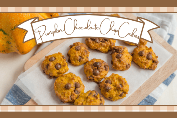 Cutting board with a batch of pumpkin chocolate chip cookies