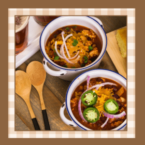 Turkey chili served in individual white crocks