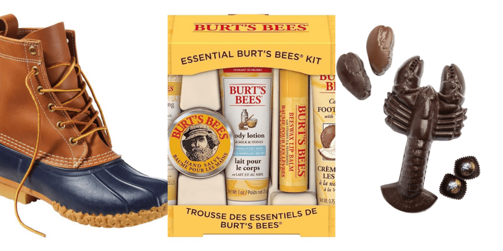 Collage showing Maine Bean boot, Burt's Bees gift set, and lobster-shaped chocolates