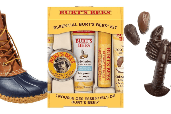 Collage showing Maine Bean boot, Burt's Bees gift set, and lobster-shaped chocolates