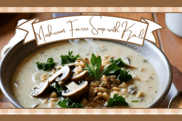 Bowl of mushroom farro soup on a cutting board