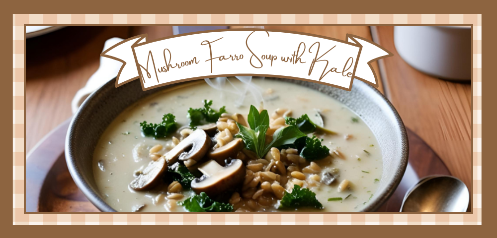 Mushroom-Farro-Banner | The Granite Acorn Bowl of mushroom farro soup on a cutting board