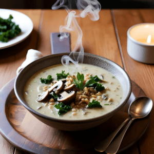 Bowl of creamy mushroom soup with farro and kale presented on a wooden cutting board.