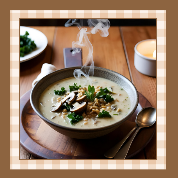 Mushroom-Farro-Soup-Recipe | The Granite Acorn Bowl of mushroom farro soup on a cutting board