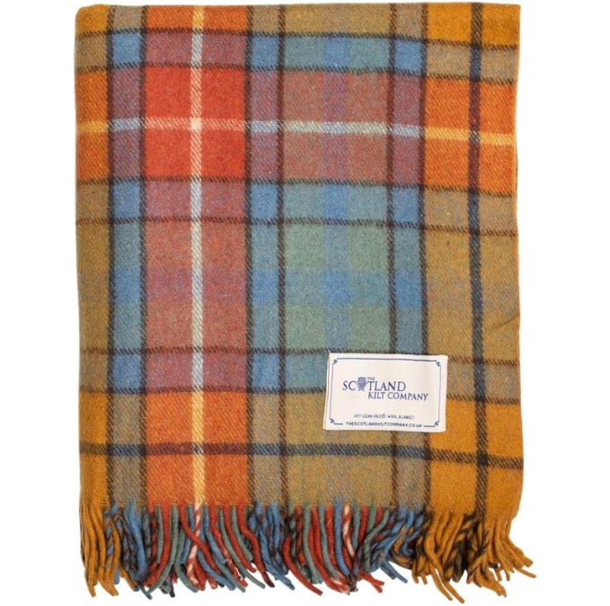 Orange, blue, and gold wool plaid blanket