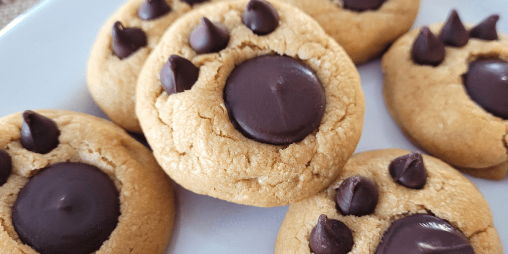 Plate of peanut butter cookies with paw prints pressed into the tops using a chocolate wafer and three chocolate chips.