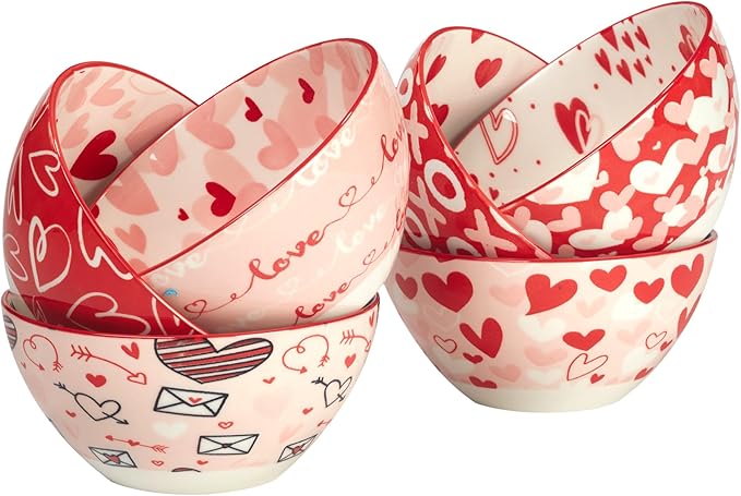 Set of six Valentine's Day-themed cereal bowls.