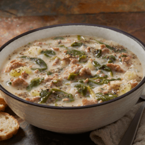 Bowl of Zuppa Toscana soup on wooden table