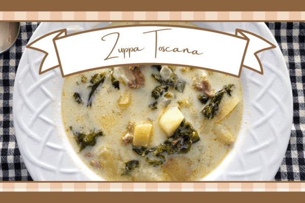 Closeup of a bowl of zuppa toscana