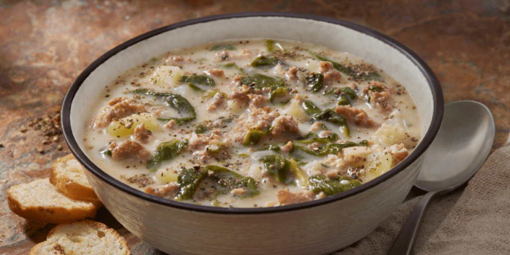 Bowl of Zuppa Toscana soup on a wooden table