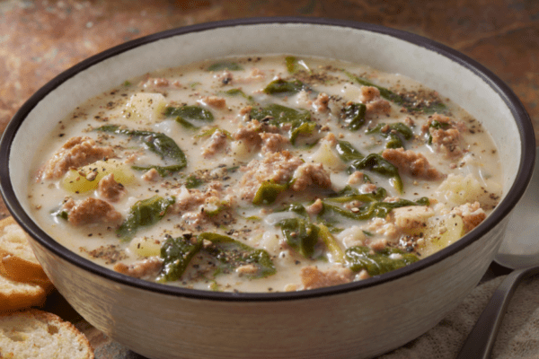 Bowl of Zuppa Toscana soup on a wooden table