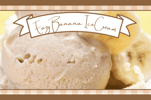 Closeup of a dish of banana ice cream on a yellow background Two scoops of ice cream are garnished with fresh banana slices