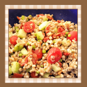 Closeup of a bowl of italian farro salad