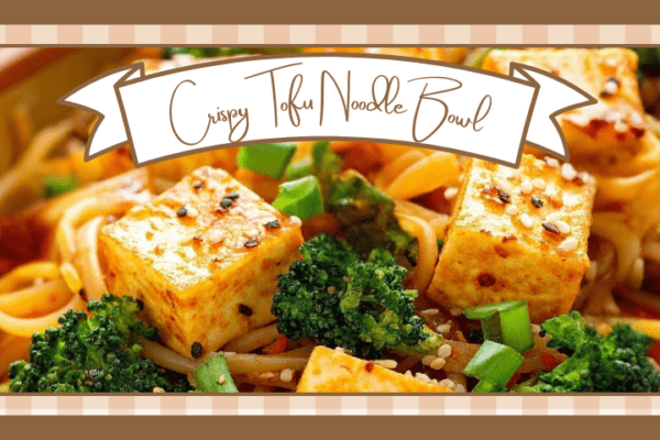 Closeup of tofu noodle bowl showing tofu cubes broccoli and noodles