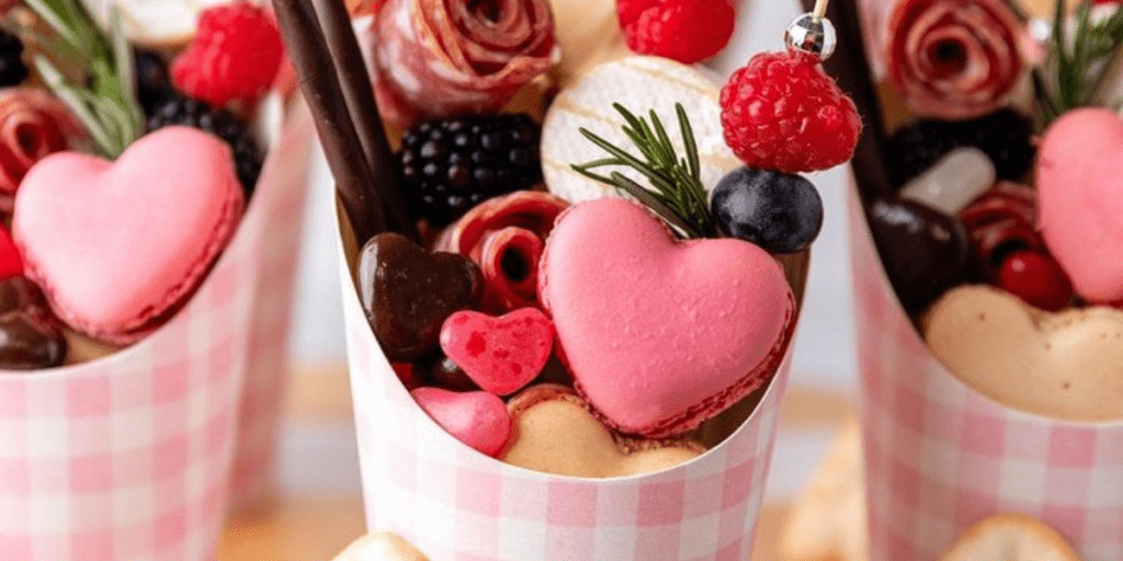 Pink and white gingham cups with an assortment of fruit, cheese, macarons, and other sweets.