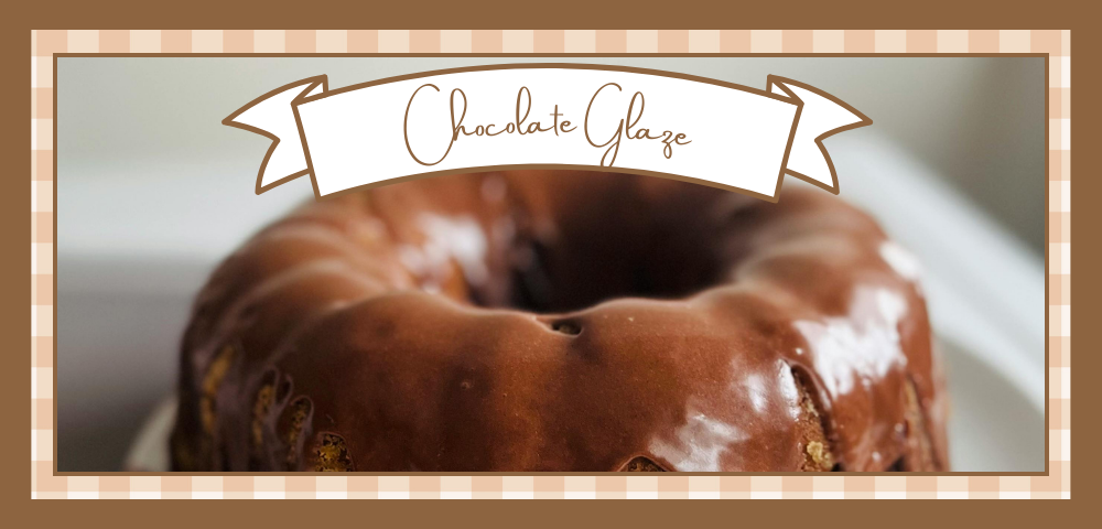 Chocolate-Glaze-Banner-Free | The Granite Acorn Closeup of chocolate bundt cake drizzled with chocolate glaze