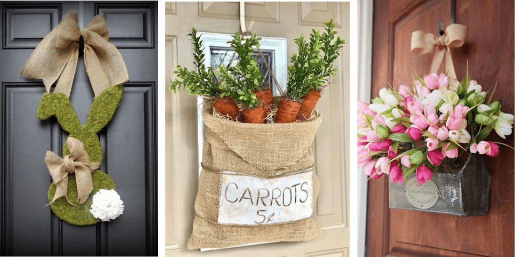 Image showing three Easter door decorations: a moss bunny, a burlap sack of faux carrots, and a vintage wood toolbox filled with faux tulips.