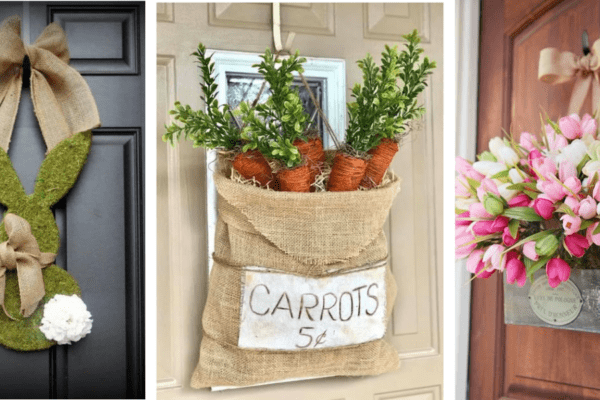 Easter Door Decor-Banner | The Granite Acorn Image showing three easter door decorations a moss bunny a burlap sack of faux carrots and a vintage wood toolbox filled with faux tulips