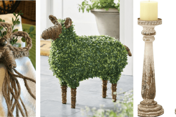 St. Patrick's Day Table-Banner | The Granite Acorn Collage showing a woven jute shamrock napkin ring a grapevine sheep covered in boxwood and two distressed wood candle sticks