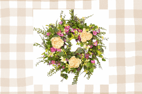 Spring-Summer-Wreaths-Banner | The Granite Acorn Spring wreath of peonies and small pink roses with eucalyptus and wildflowers The image is on a tan gingham background