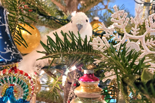 Closeup of christmas tree featuring a white dove ornament snowflake and colorful glass ornament