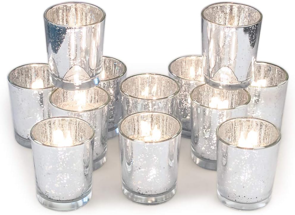 A set of silver mercury glass votives