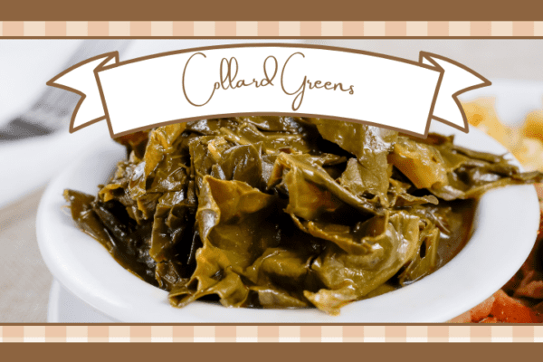 White bowl with cooked collard greens