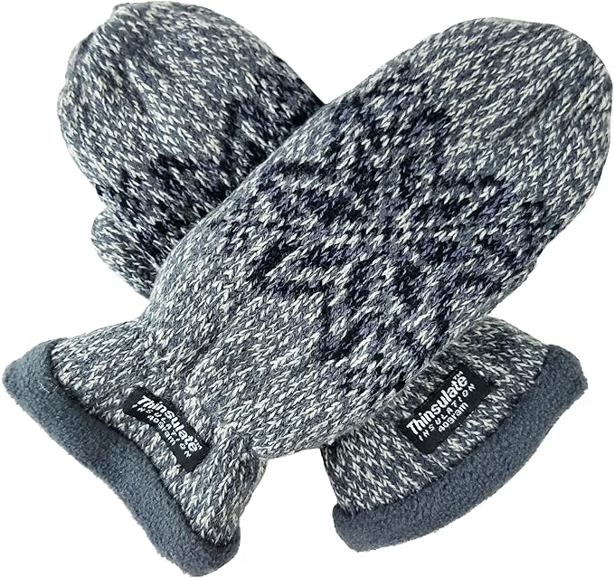 Mittens | The Granite Acorn Pair of gray knit mittens with a snowflake design